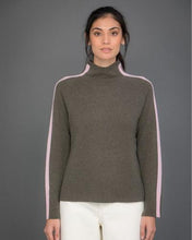 Load image into Gallery viewer, High Neck Cashmere Jumper with Striped Sleeves in Green