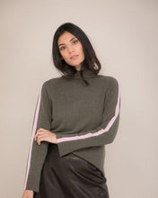 Load image into Gallery viewer, High Neck Cashmere Jumper with Striped Sleeves in Green