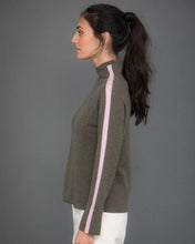 Load image into Gallery viewer, High Neck Cashmere Jumper with Striped Sleeves in Green