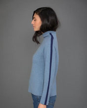 Load image into Gallery viewer, High Neck Cashmere Jumper with Striped Sleeves in Blue