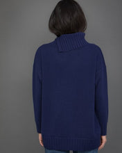 Load image into Gallery viewer, High Neck Cashmere Jumper with Striped Sleeves in Blue