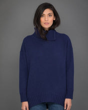 Load image into Gallery viewer, High Neck Cashmere Jumper with Striped Sleeves in Blue