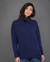 Load image into Gallery viewer, High Neck Cashmere Jumper with Striped Sleeves in Blue