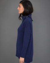 Load image into Gallery viewer, High Neck Cashmere Jumper with Striped Sleeves in Blue