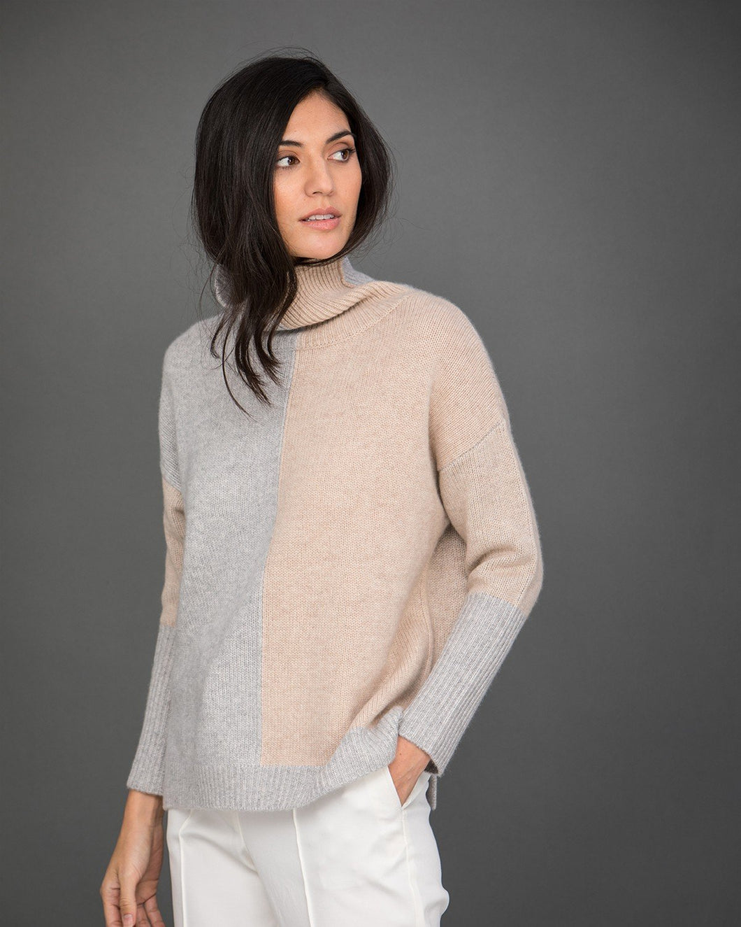Two-Tone Roll Neck Cashmere Jumper