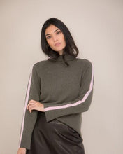 Load image into Gallery viewer, High Neck Cashmere Jumper with Striped Sleeves in Green
