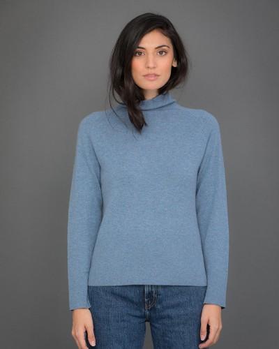 High Neck Cashmere Jumper with Striped Sleeves in Blue
