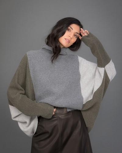Patchwork Cashmere Jumper in grey and green